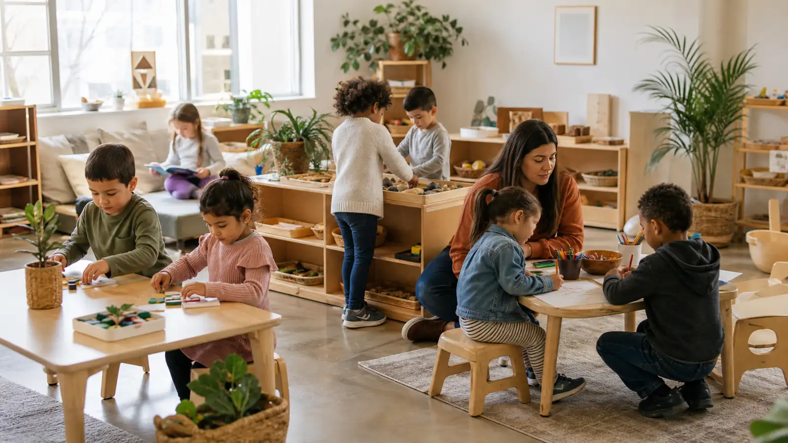 Preschool children explore books, art, counting materials, and nature activities with a teacher