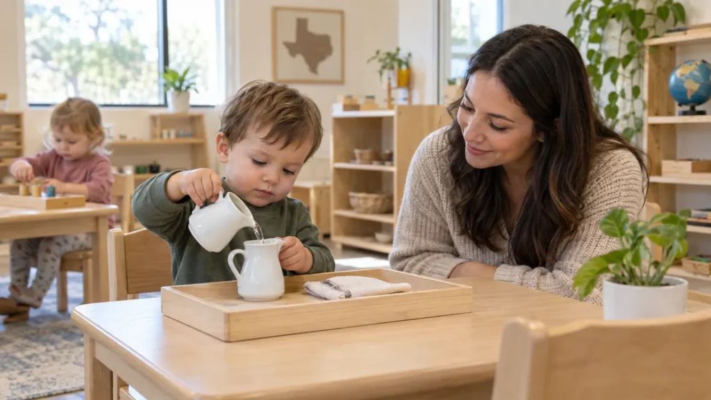 Two-year-old pours water between small pitchers while a teacher observes in a Montessori classroom